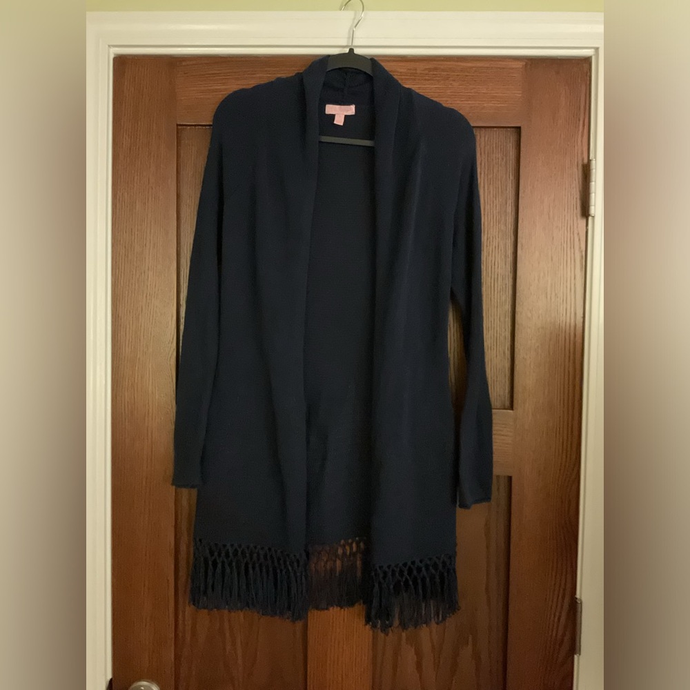 Lilly Pulitzer Navy Blue Fringe Hem Open Front Cardigan Sweater Size Small